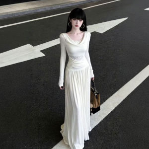 CHANGTONG | Elegant French Style Draped Neck Slimming Dress
