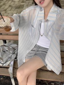 Áo Sơ Mi Kẻ Sọc Xanh Pháp Mùa Hè 2025 Cho Nữ Áo Sơ Mi Dài Tay Mỏng Rộng Rãi Đa Năng Chống Nắng Áo Sơ Mi Cổ Polo Thường Ngày