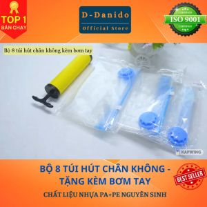 [Tặng kèm bơm tay] Bộ 8 túi hút chân không đựng chăn màn quần áo cao cấp D Danido - Set 8 túi hút chân không bằng nhựa dẻo dai có tặng kèm bơm tay