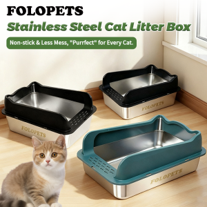 FOLOPETS Extra Large Stainless Steel Cat Litter Box With Scoop High Sided Walls Anti Urine Leakage Odorless Easy To Clean