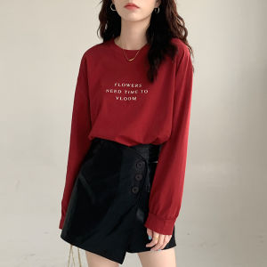 Loose Long Sleeve round Neck Cotton T-Shirt Womens Inner Wear Base Shirt Red Korean Style Top for Autumn New Arrival