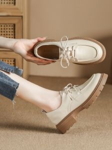 Leather Thick Bottom Single Shoes Womens Spring New Style Apricot Soft Bottom Interview Shoes British Style Retro Casual Leather Shoes