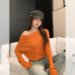 เสื้อสเวตเตอร์ถักไหล่เดียวไซส์ใหญ่ หลวมๆ ลำลอง สำหรับผู้หญิง ทรงเข้ารูป สไตล์เกาหลี แขนยาว ปกติ ไม่มีฮู้ด