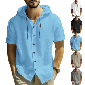 Summer cotton linen mens short sleeved shirt in US size solid color hooded casual T-shirt plus size mens clothing