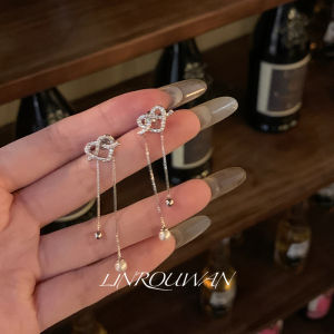 Elegant Zigzag Zircon Heart Drop Earrings Simulated Pearl Tassel Studs Womens Fashion Jewelry Fresh out Alloy Plated Silver