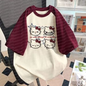 52TOYS | New Hello Kitty Fun Printed Color blocked Short Sleeve T-shirt for Adult Women Summer Cute Loose Casual Parent Child Top