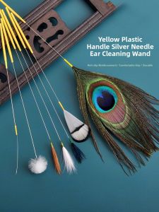 Silver Needle Ear Spoon Tool with Yellow Plastic Handle Peacock Feather Goose Tail Horse Tail Brush for Ear Cleaning