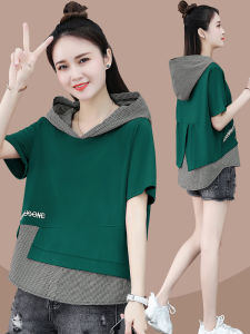 Retro Short Sleeve Hoodie Womens Casual Plaid Patchwork Pure Cotton Short Length Top Korean Style Commute Classic Pattern