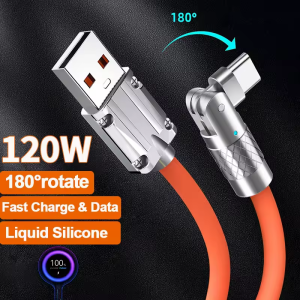 120W 7A Fast Charge USB Type C Cable 180 Degree Rotation Elbow Cable for Game for Xiaomi Redmi Honor Phone Charger USB C Cable