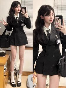 Bộ Đồng Phục Học Sinh Hàn Quốc JK Áo Khoác Vest Nữ Bộ Ba Mảnh Quần Short Hở Lưng Thời Trang Mùa Xuân Polyester