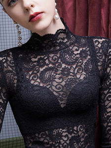 chaqi | Black Lace Base Shirt Womens Slim Fit Half High Collar Autumn Winter New Style Inner Wear Fleece Mesh Top Commute Style