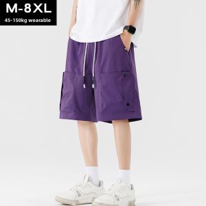 Trendy plus Size Mens Shorts Casual Loose Fit Five-Quarter Length with Large Pockets Summer Breathable Polyester Fiber