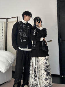 New Chinese Style Couple Matching Long Sleeve Shirt Mens Button Embroidery Outerwear Autumn Set Standard Fit Daily Wear