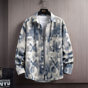 Mens Long Sleeve Cotton Shirt Casual Lightweight Printed Spring Autumn Trendy Teenage Fashion Outerwear Loose Fit Button down
