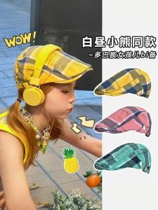 Yellow Plaid Dopamine Beret Hat Women Summer 2024 New Retro Hats Thin Duckbill Forward Trendy Cotton Casual Cap for Youth
