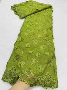 Vải Ren Chất Lượng Cao Nigeria Châu Phi 5 Thước Vải Tuyn Thêu Cotton Guipure Đính Sequin Voan Dùng Cho Váy Dự Tiệc Cưới