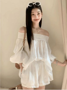 VKSOD | Hebe Style French One Shoulder White Long Sleeve Shirt Womens Summer Slimming Shorts Two Piece Set Elegant Classy Casual