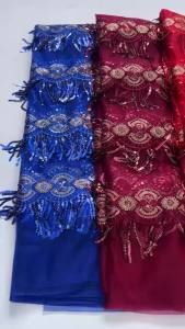 3D Tassel Sequin African Net Lace Fabric Turquoise Tulle Embroidery Lace High Quality Nigerian Fabric For Women Evening Dress