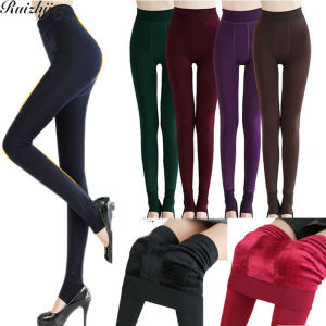Ruizhijzg Ready stock Women Winter Warm Thick Velvet Leggings Solid Color High Waisted Elastic Pants for Ladies Black Grey Maroon Purple