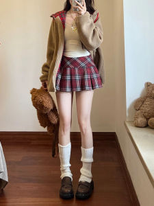 Spring Red Plaid A-Line Mini Skirt Womens plus Size High Waist Slimming Anti-Light Checkered Short Skirt Korean Style Commute