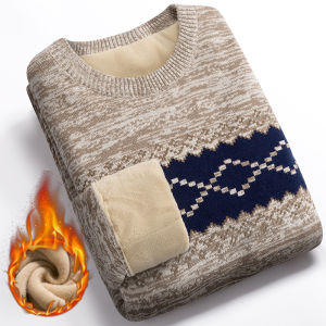 Thickened Pure Cotton Fleece Lined Mens Knitwear Warm Fashionable Autumn Winter Sweater Long Sleeve round Neck Stripe Pattern