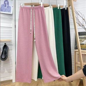 New Womens Wide Leg Pants Spring Autumn Drawstring Loose Floor-Length Casual Trousers Bell Bottoms High Waist Straight Cut