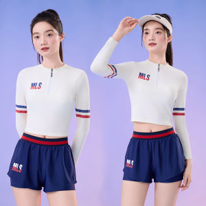 Womens Two-Piece Swimsuit Long Sleeve Thermal Spring Set Slimming Belly Covering Small Chest Sport Sunscreen Flat Angle