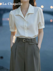La Chapelle | High-Quality White Satin Short-Sleeved Shirt Collar French Style For Work