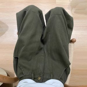 Casual Military Green Workwear Jeans Womens High Waist Wide Leg Loose Fit Knife Edge Pants Autumn Season Pear Shaped Body