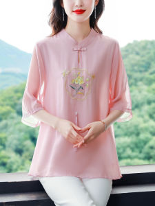 Elegant Embroidered Mom Summer Shirt Loose Midi Sleeve Stand Collar Chiffon Blouse Korean Style Commute Fashion Ladies Top