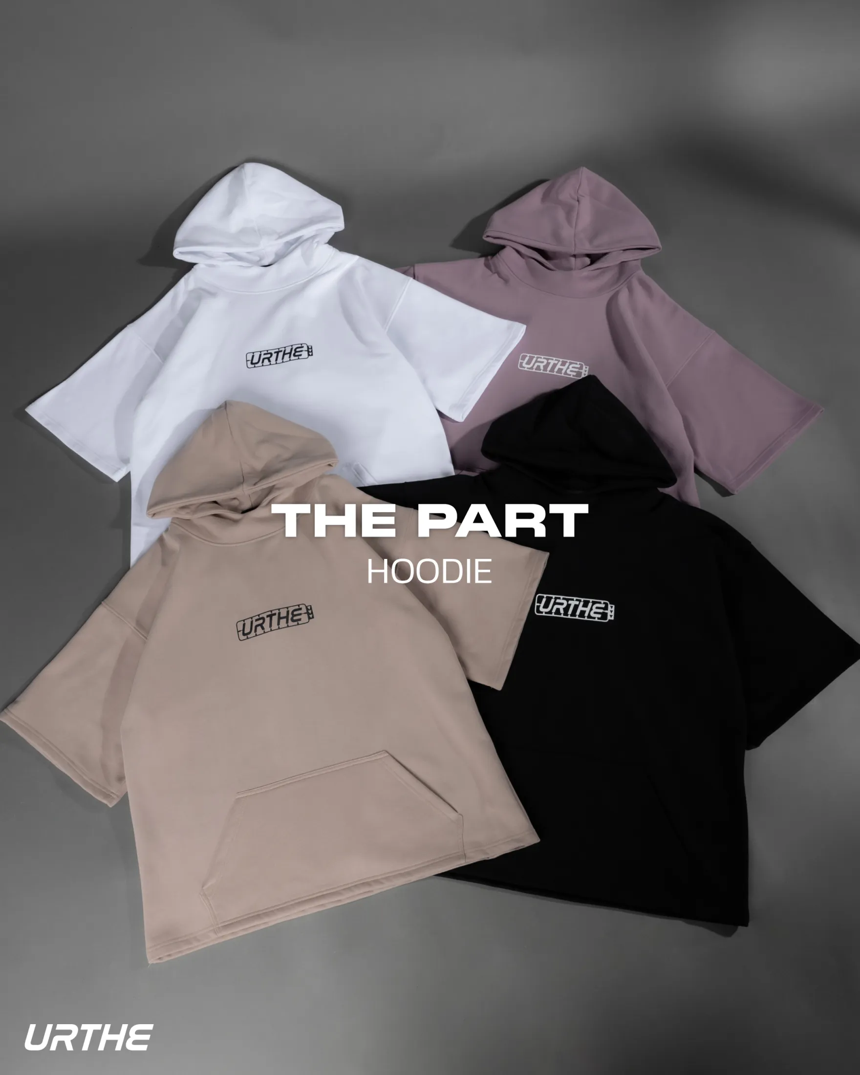 URTHE - เสื้อฮู้ด แขนสั้น OVERSIZE สกรีนลาย รุ่น THE PART HOODIE สีดำ สีขาว สีม่วง สีน้ำตาล