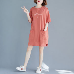 New 2025 Womens Loose Fit Cotton T-Shirt Short Sleeve plus Size Maternity Dress mid Length Korean Style round Neck Print Dress