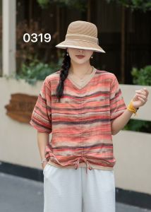 Áo Sơ Mi Vải Lanh Cotton Rộng Rãi Cho Nữ Mùa Hè 2025 in Sọc Thường Ngày Thân Thiện Với Da Thoáng Khí Mỏng Cổ Chữ V Tay Ngắn