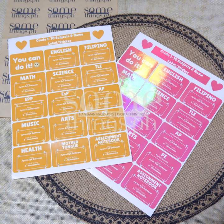 Subject Laminated Sticker Label with Student’s Name and Grade & Section ...