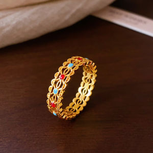 Elegant Floral Thread Ring for Women Ancient Method Enamel Color Sand Gold Lightweight Luxury New 2025 Trendy Design Finger Ring