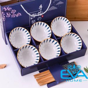 Bộ 6 Chén Sứ Hoạ Tiết Hoa Văn Navy Style Kèm 6 Đôi Đũa Tre Cao Cấp