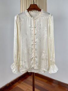 Retro Silk Charmeuse Blouse Womens Early Spring Bell Sleeve Floral Embroidery Elegant Classy Chinese Production Long Sleeve