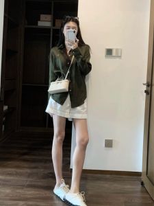 VKSOD | Green Long Sleeve Shirt Womens High Waist Straight Leg Short Pants Two Piece Set Fashionable Korean Style Summer 2025 New Arrival