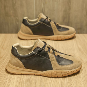 Retro Sport Shoes for Men Casual Trendy Leisure Shoes Ultra-Thin Fiber Upper Leather Low Rubber Outsole round Toe Thick Bottom