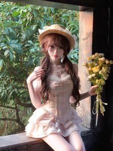 Sweet Fresh Pink Strap Top Womens Slim Fit Cake Skirt Two Piece Set Summer New Style Fashionable Casual Polyester Material