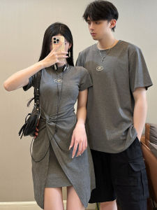 Grey T-Shirt Short Dress for Women Summer Slimming Tailored Work Clothing with Crewneck and Short Sleeves