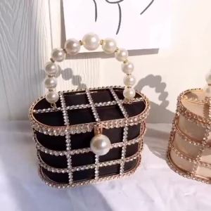 Diamonds Basket Evening Clutch Bags Women Luxury Hollow Out Pearl Beaded Metallic Cage Handbags Ladies Wedding Party Purse