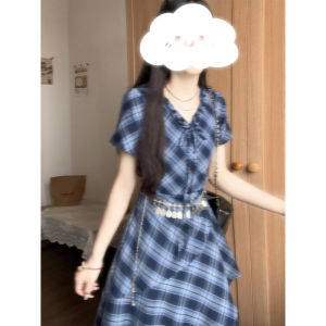 LIRUSHAN | Design French Style V-Neck Plaid Short Sleeve Dress