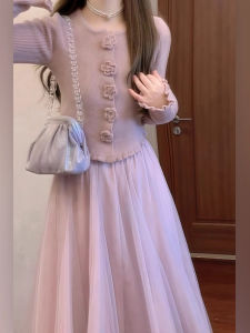 Autumn Winter New Style Pink Knitted Top High Waist Mesh Half Body Long Skirt Fairy Tale Set Womens Fashion Ensemble