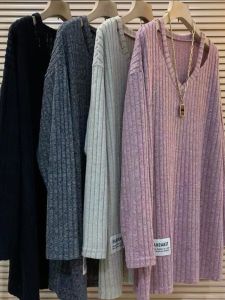 V Neck Loose-Fitting Solid Color Long Sleeves Womens Clothing Chubby Girl 1.00 Kg-150.00 kg Extra Large Size Autumn and Winter Undershirt Lazy Style Top Fashion