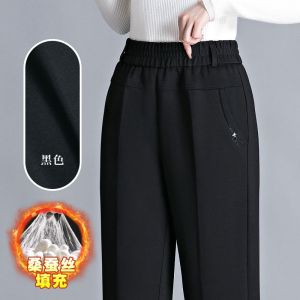 Silk Cotton Pants Womens Winter Middle-Aged Mom Fleece-lined Thickened High Waist Thermal Quilted Straight Outerwear Casual Pants