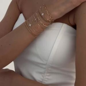 Ingemark 8Pcs/Set Punk Gold Color Geometric Metal Chain Bracelet Women Vintage Inlaid Rhinestones Cross Bangle Party New Jewelry