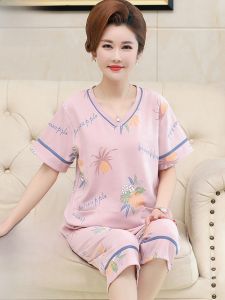 Bộ Đồ Ngủ Cotton Mùa Hè Mỏng Tay Ngắn Quần Dài Năm Điểm Cho Phụ Nữ Trung Niên Và Người Cao Tuổi Mặc Ở Nhà Cỡ Lớn