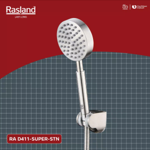 ฝักบัวมือครบชุด  ผลิตด้วยวัสดุสแตนเลส 304 สีสแตนเลสด้าน หน้าฝักบัวกว้าง 10 ซม. สายน้ำนุ่มละเอียดแบบ 4 IN 1 หน้าฝักบัวกว้าง กำจัดตะกรันเพียงใช้นิ้วมือถูที่ปุ่มยาง  มาพร้อมขอแขวนปรับระดับและสายฝักบัวสแตนเลส 150 ซม.|RA D411-SUPER-STN