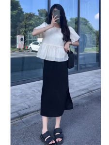 ชุดสองชิ้นแฟชั่นฤดูร้อนสำหรับผู้หญิง ทรงเอ แขนสั้น คอวี กระโปรงยาวปานกลาง ชุดสองชิ้น ชุดทำงาน ชุดทำงาน ชุดทำงาน